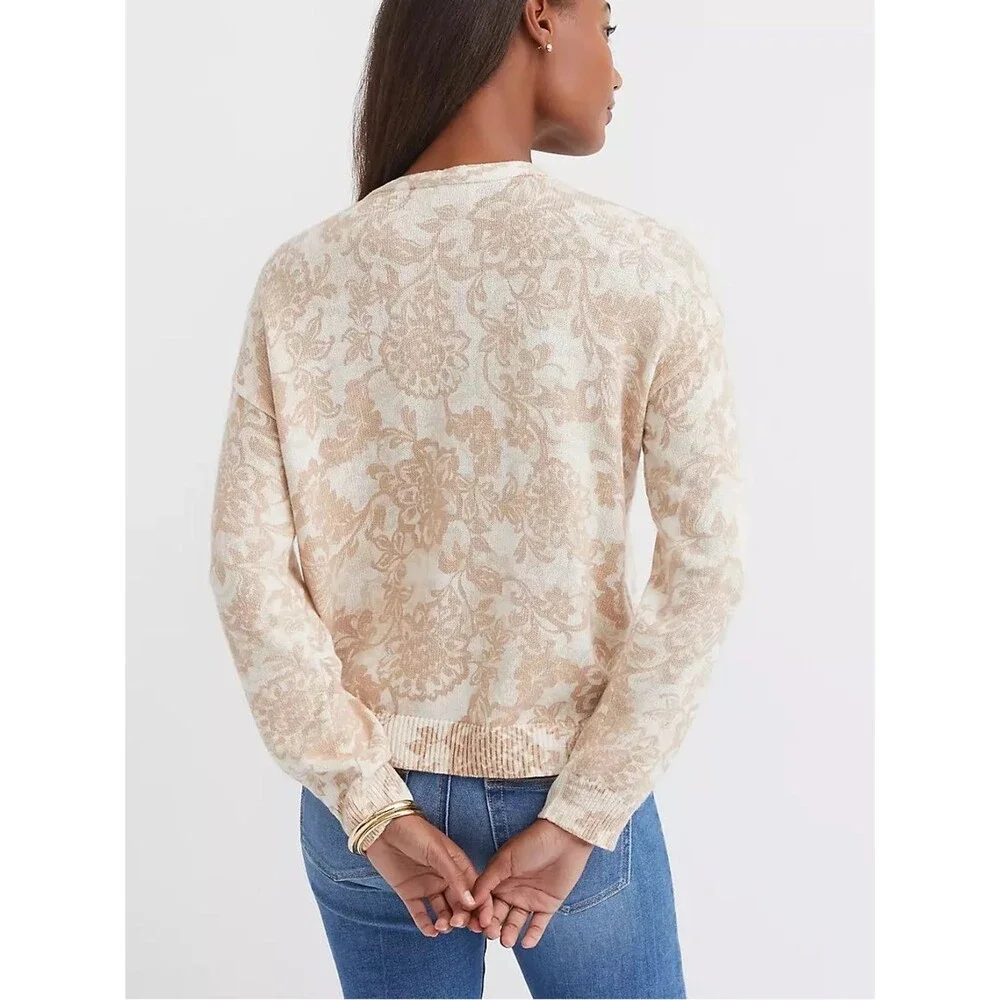 NWT Loft Floral V-Neck Cotton Sweater Beige Boho Earthy Neutral Women’s Small
